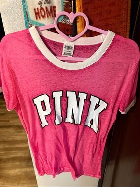 PINK Victoria's Secret Hot Pink Ringer Tee with White Trim